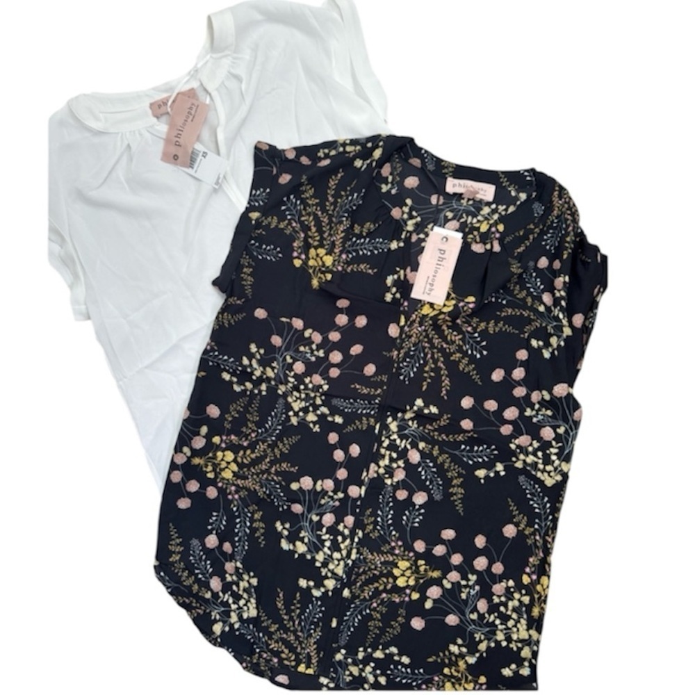 Philosophy Clothing Womens Blouses Size XS Black Floral White V Neck Set Of 2